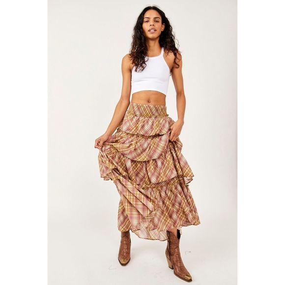 Free People Dresses & Skirts - New Free People Sawyer Red Plaid Tiered Maxi Skirt Size Large